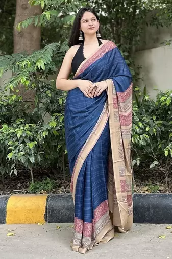 Royal blue printed georgette saree with blouse piece