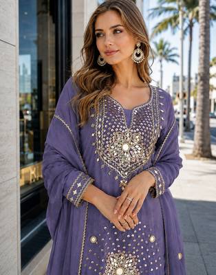 Lavender silk blend  readymade suit with real mirror & sequence work 2