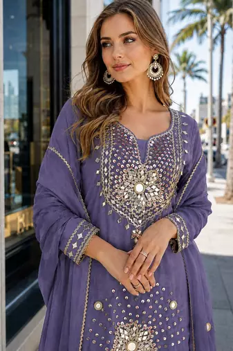 Lavender silk blend  readymade suit with real mirror & sequence work