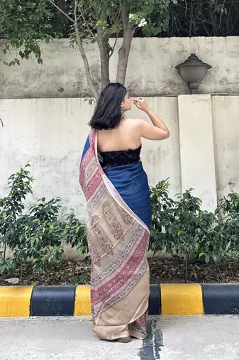 Royal blue printed georgette saree with blouse piece