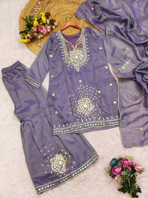 Lavender silk blend  readymade suit with real mirror & sequence work 3