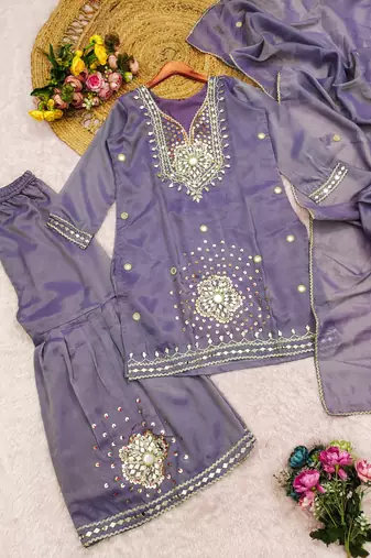 Lavender silk blend  readymade suit with real mirror & sequence work