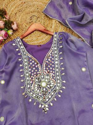 Lavender silk blend  readymade suit with real mirror & sequence work 4