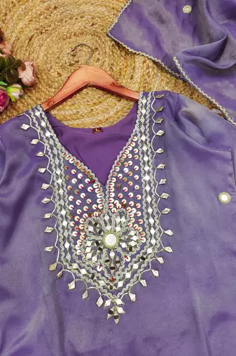 Lavender silk blend  readymade suit with real mirror & sequence work