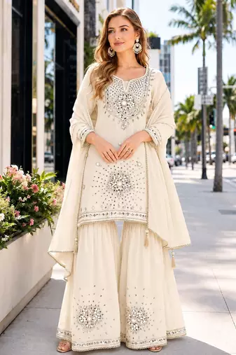 White silk blend readymade suit with real mirror & sequence work