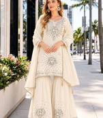 White silk blend readymade suit with real mirror & sequence work