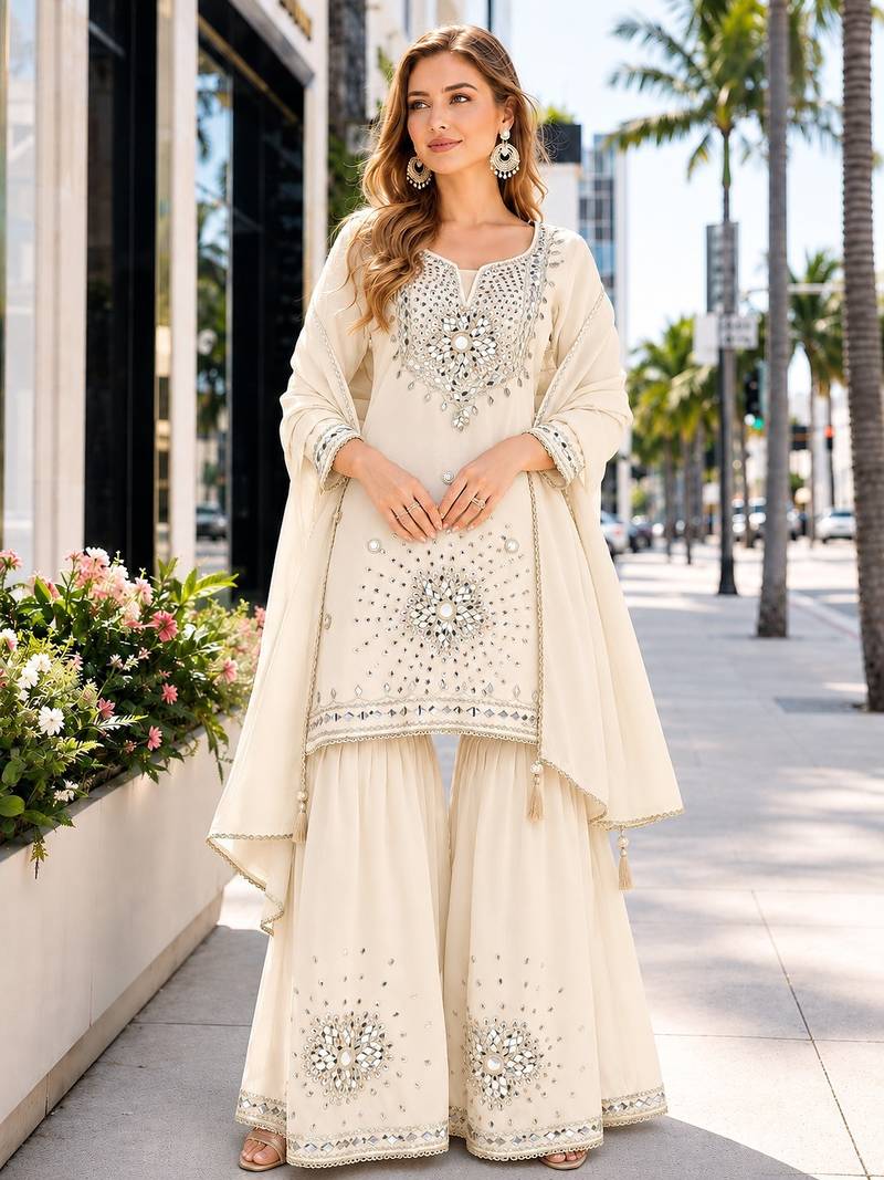 White silk blend readymade suit with real mirror & sequence work