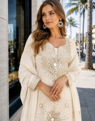 White silk blend readymade suit with real mirror & sequence work 2