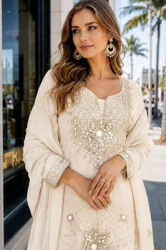 White silk blend readymade suit with real mirror & sequence work