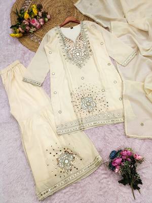 White silk blend readymade suit with real mirror & sequence work 3
