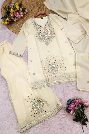 White silk blend readymade suit with real mirror & sequence work