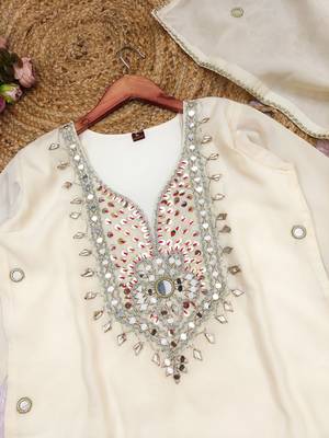 White silk blend readymade suit with real mirror & sequence work 4