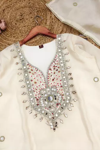 White silk blend readymade suit with real mirror & sequence work