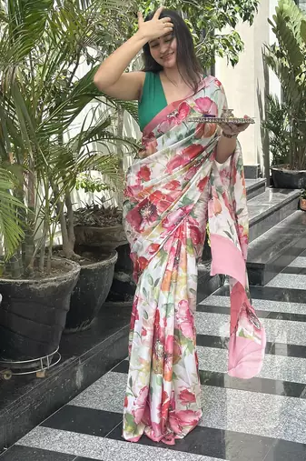 White floral printed georgette saree with blouse piece