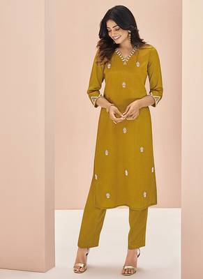 Mustard hand work straight kurta set 5