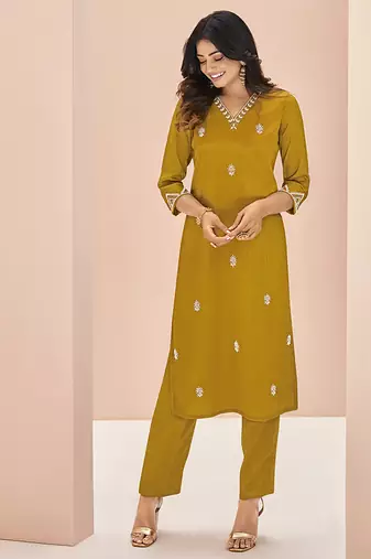 Mustard hand work straight kurta set