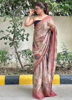 Brown floral printed georgette saree with blouse piece 1