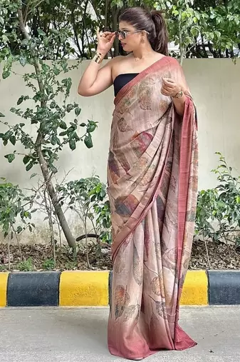 Brown floral printed georgette saree with blouse piece