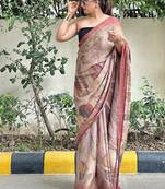 Brown floral printed georgette saree with blouse piece