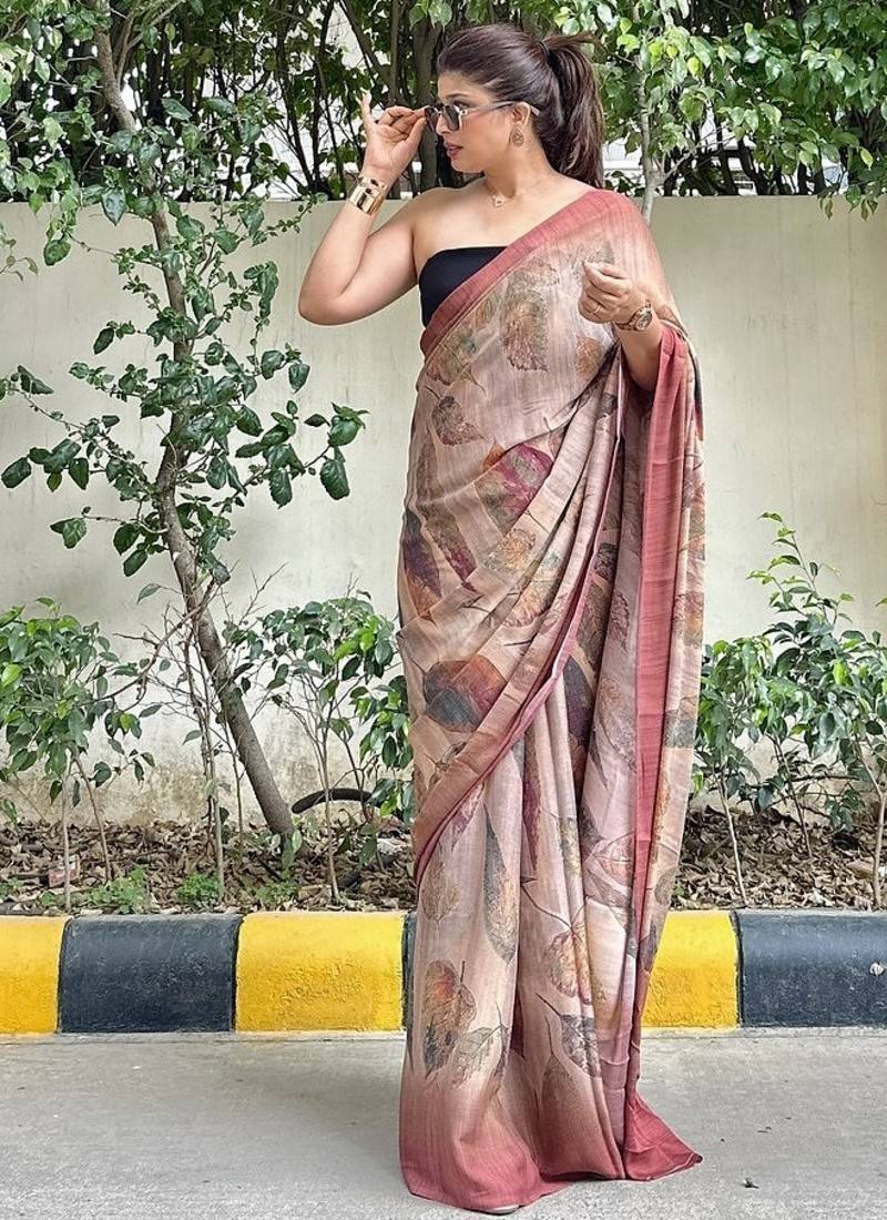 Brown floral printed georgette saree with blouse piece
