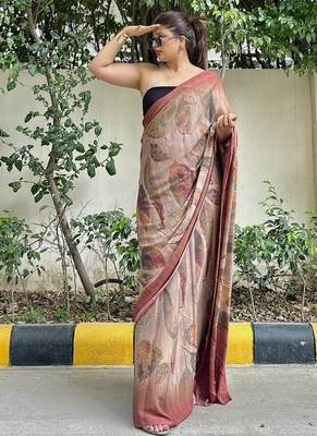 Brown floral printed georgette saree with blouse piece 2