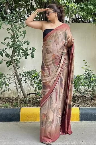 Brown floral printed georgette saree with blouse piece