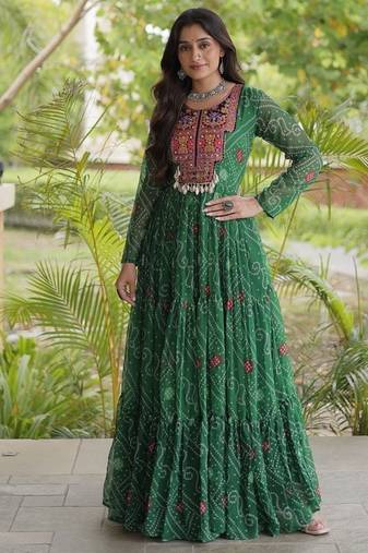 women georgette anarkali gown with bandhani print & kutchi patchwork - full stitched free size