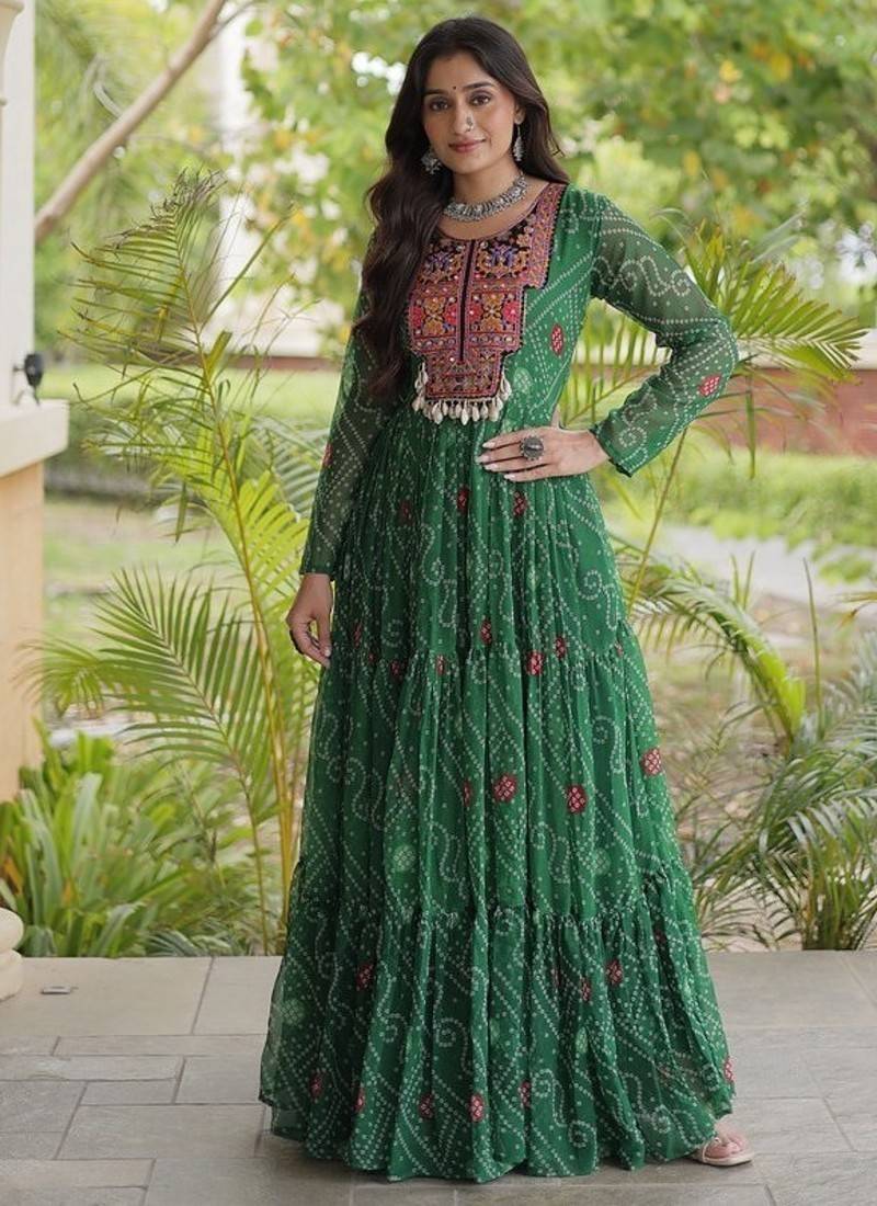women georgette anarkali gown with bandhani print & kutchi patchwork - full stitched free size