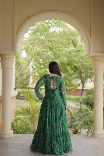 women georgette anarkali gown with bandhani print & kutchi patchwork - full stitched free size