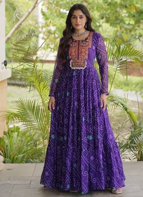 women georgette anarkali gown with bandhani print & kutchi patchwork - full stitched free size 1