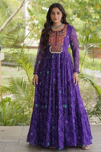 women georgette anarkali gown with bandhani print & kutchi patchwork - full stitched free size
