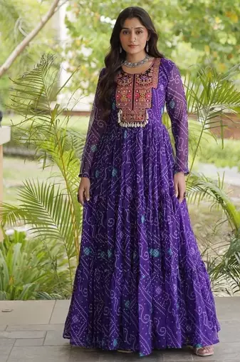 women georgette anarkali gown with bandhani print & kutchi patchwork - full stitched free size