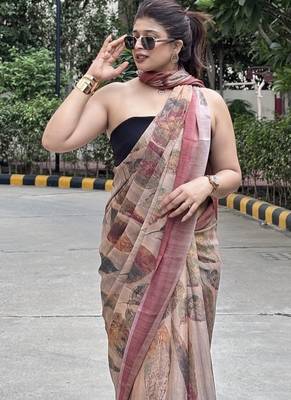 Brown floral printed georgette saree with blouse piece 4