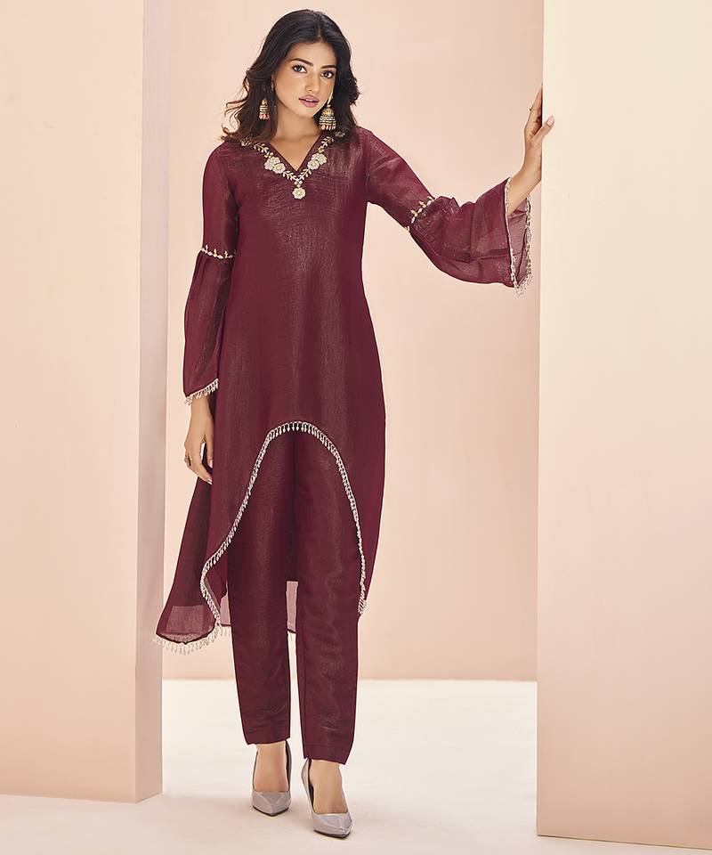 Mesmeric maroon hand work kurta set