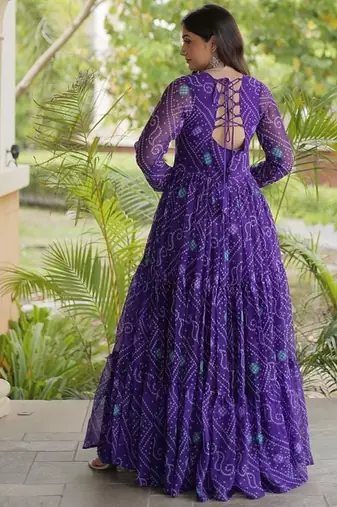 women georgette anarkali gown with bandhani print & kutchi patchwork - full stitched free size