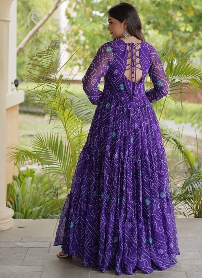 women georgette anarkali gown with bandhani print & kutchi patchwork - full stitched free size