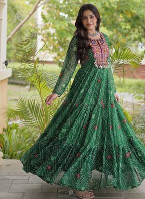 women georgette anarkali gown with bandhani print & kutchi patchwork - full stitched free size 3