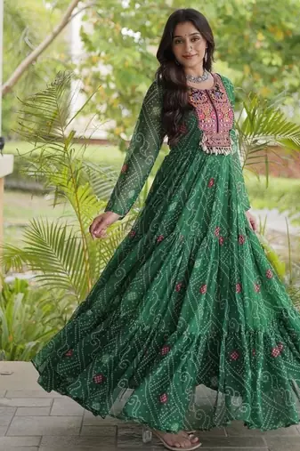 women georgette anarkali gown with bandhani print & kutchi patchwork - full stitched free size