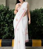 White patchwork mul cotton saree with blouse piece