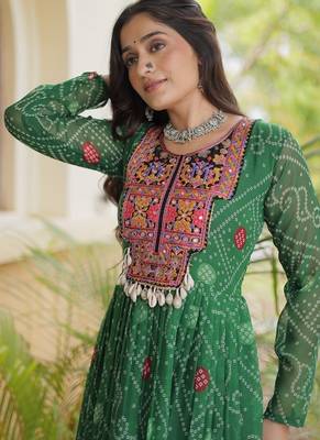 women georgette anarkali gown with bandhani print & kutchi patchwork - full stitched free size 4