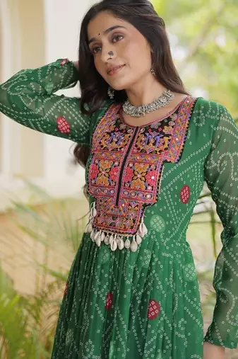 women georgette anarkali gown with bandhani print & kutchi patchwork - full stitched free size