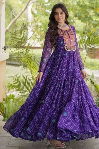women georgette anarkali gown with bandhani print & kutchi patchwork - full stitched free size