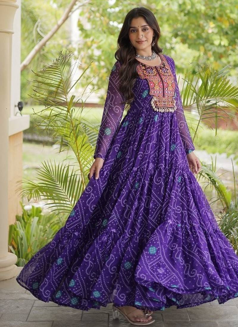 women georgette anarkali gown with bandhani print & kutchi patchwork - full stitched free size