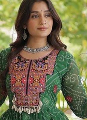 women georgette anarkali gown with bandhani print & kutchi patchwork - full stitched free size 5