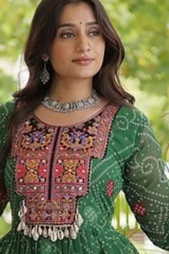 women georgette anarkali gown with bandhani print & kutchi patchwork - full stitched free size