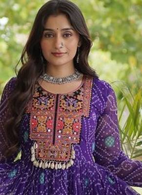 women georgette anarkali gown with bandhani print & kutchi patchwork - full stitched free size 4