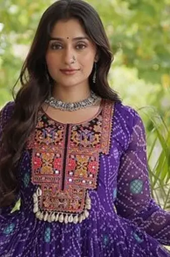 women georgette anarkali gown with bandhani print & kutchi patchwork - full stitched free size
