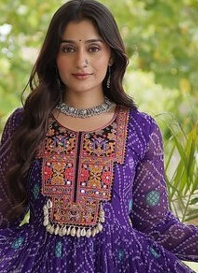 women georgette anarkali gown with bandhani print & kutchi patchwork - full stitched free size
