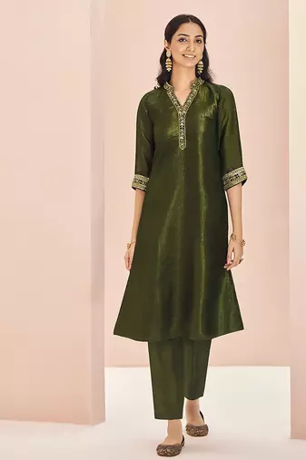 Olive hand work straight kurta set