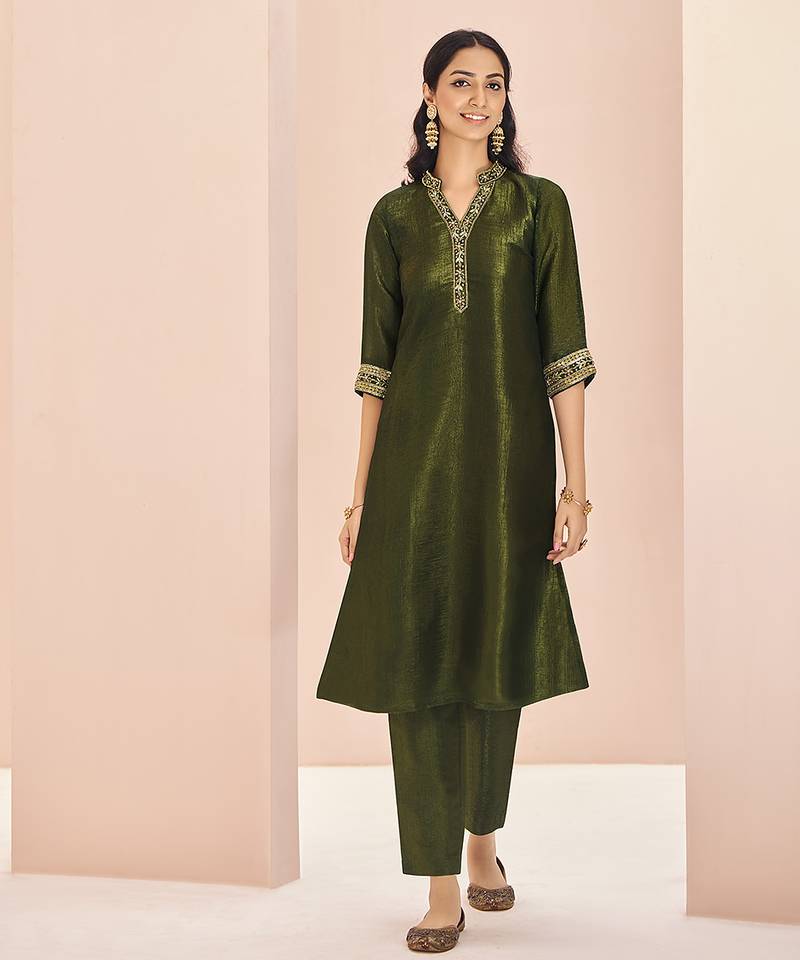 Olive hand work straight kurta set